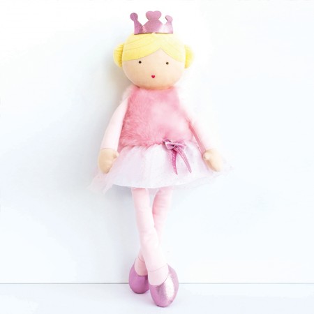 poupée blonde avec chignon et couronne, boléro à poil rose et tutu