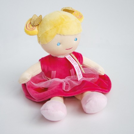 doudou poupée avec robe rose fuschia et chignons blonds