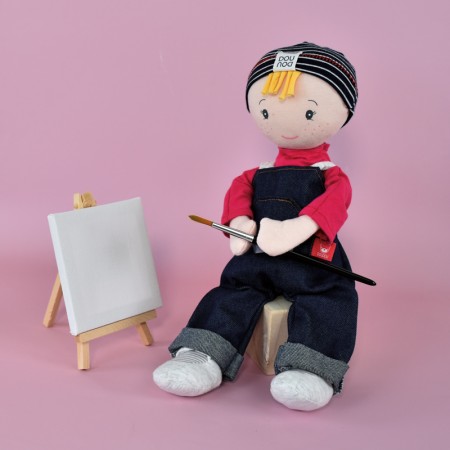 poupée de chiffon garçon blond avec salopette en jeans et t shirt rose fushia - Jolijou