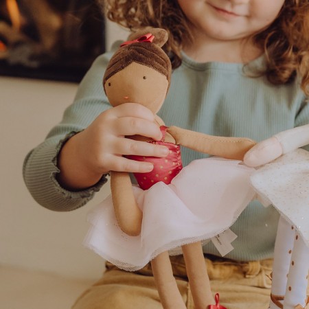 poupée danseuse avec chignon brun, tutu rose clair, justaucorps et chaussons fuschia - Jolijou