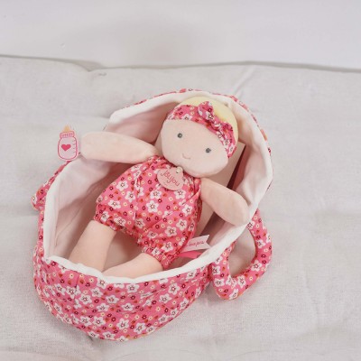 Poupon Bébé avec couffin  - Marylou - rose - 20  cm