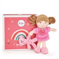 mini poupée rose avec cheveux marrons, robe rose, tenant à sa main un ours rose - Jolijou