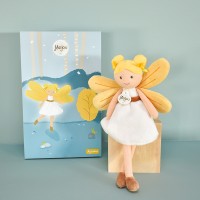 poupée tissu fée blonde avec robe blanche et ailes jaunes - Jolijou