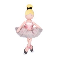 poupée tissu danseuse blonde avec chignon, justaucorps rose, tutu noir et chaussons gris - Jolijou