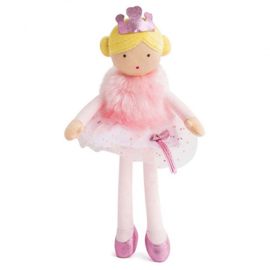 poupée blonde avec chignon et couronne, boléro à poil rose et tutu Jolijou