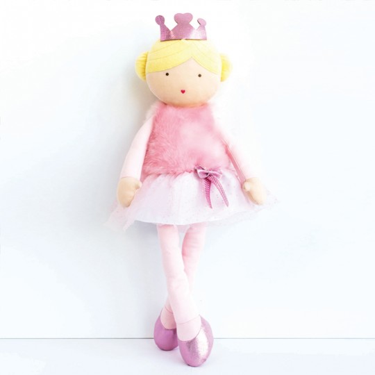 poupée blonde avec chignon et couronne, boléro à poil rose et tutu Jolijou