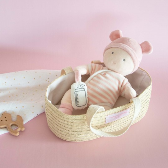 Jolijou- couffin et poupon bébé avec pyjama rayé rose et blanc