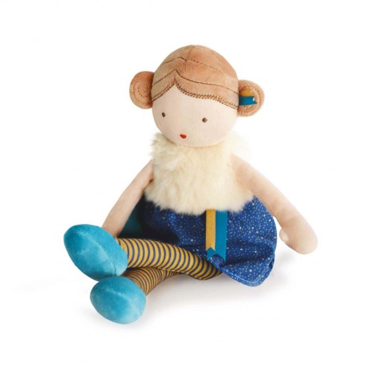 poupée de chiffon avec cheveux marrons, boléro à poils et jupe bleu canard - Jolijou