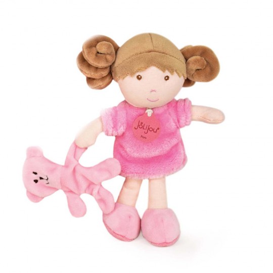 mini poupée rose avec cheveux marrons, robe rose, tenant à sa main un ours rose - Jolijou