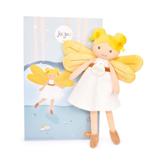 poupée tissu fée blonde avec robe blanche et ailes jaunes - Jolijou