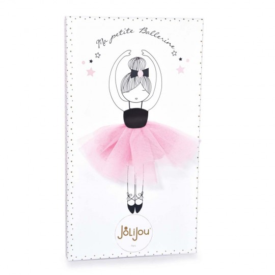 poupée tissu danseuse blonde avec chignon, justaucorps rose, tutu noir et chaussons gris - Jolijou